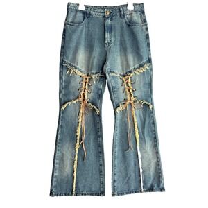 CIDER Women's L Lace Up Corset Distressed Wide Flare Fringe Jeans Y2K Festival